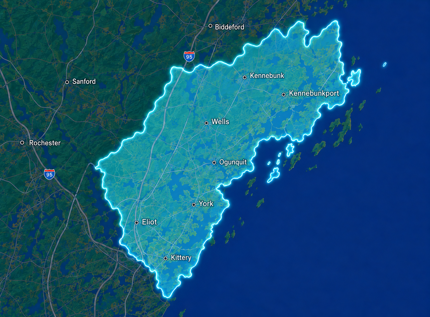 Map of Southern Maine showing the Ductless Brothers service area